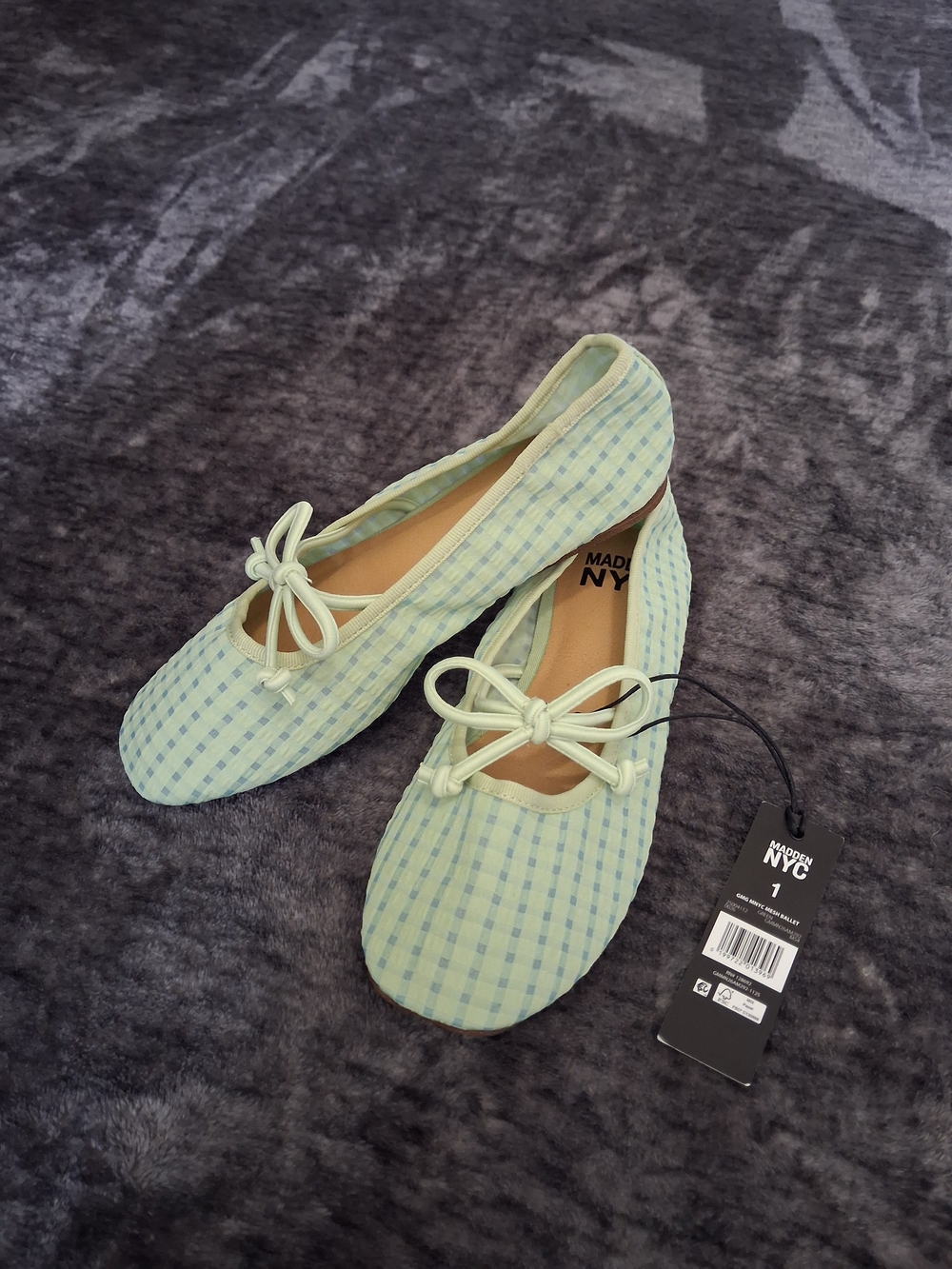 NWT Madden NYC Green Gingham Mesh Bow Slip-On Ballet Flats Girls Size 1